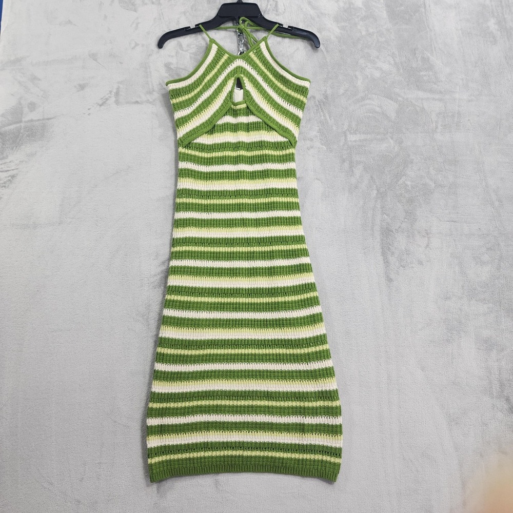 Sincerely Jules Dress Womens M Green White Striped Halter Cutout Knit Bodycon